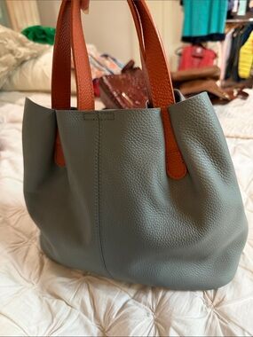 Everyday Pebbled Tote in Sage Green with Cognac Handles